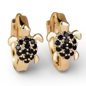 Adorable Black gemstone Turtle hoop gold tone Earrings